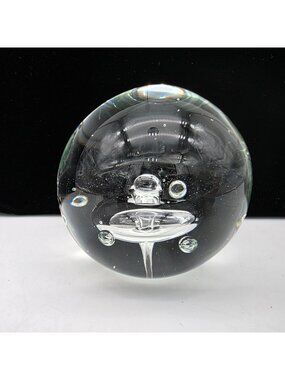 Hand Blown Clear Glass Paperweight With Controlled Bubbles Clear Smooth Base 3"